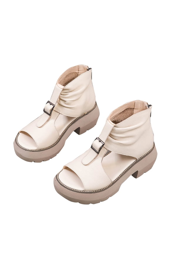Womens High Top Leather Sandals Zipper Back Peep Toe Boot Sandals for Women Beige