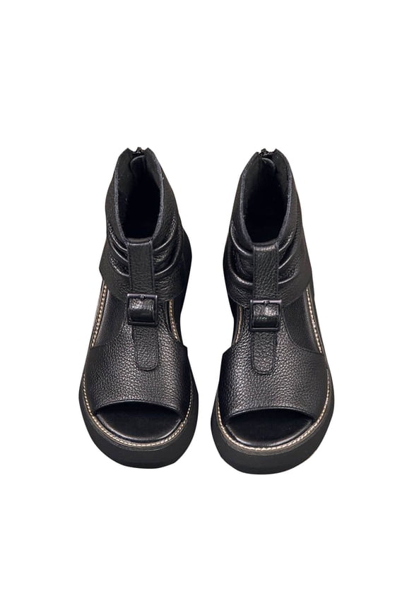 Womens High Top Leather Sandals Zipper Back Peep Toe Boot Sandals for Women Black