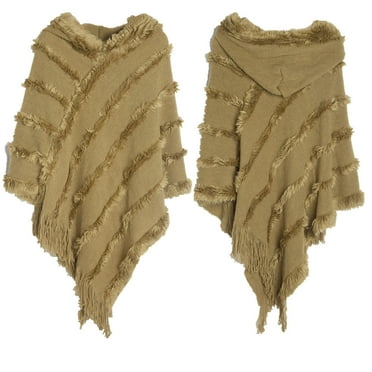 Xfvqtps Womens Hooded Cape Fringed Hem Tassel Stripe Pullover Solid Color Loose Windproof Coldproof Warm Winter Top Army Green
