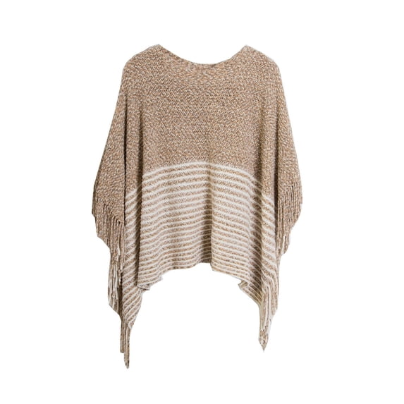 Xfvqtps Womens Hooded Cape Pullover Splicing Together Stripe Fringed Hem Tassel Fashion Simplicity Loose Windproof Coldproof Warm Winter Top Khaki