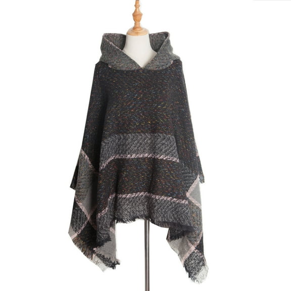 Xfvqtps Womens Hooded Cape Rough Edge Pullover Large Size Knitted Mixed Color Irregular Hem Fashion Casual Warm Fall and Winter Cloak Black