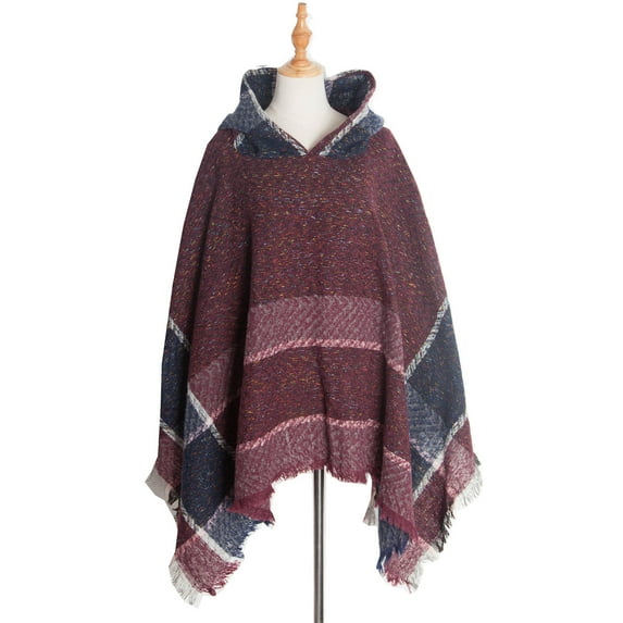 Xfvqtps Womens Hooded Cape Rough Edge Pullover Large Size Knitted Mixed Color Irregular Hem Fashion Casual Warm Fall and Winter Cloak Wine