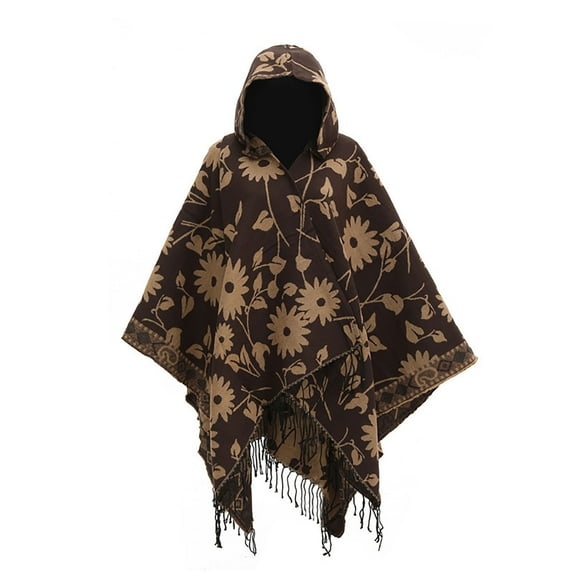 Xfvqtps Womens Hooded Cape Tassel Hem Pullover Large Size Flower Print Irregular Hem Fashion Casual Warm Fall and Winter Cloak Coffee