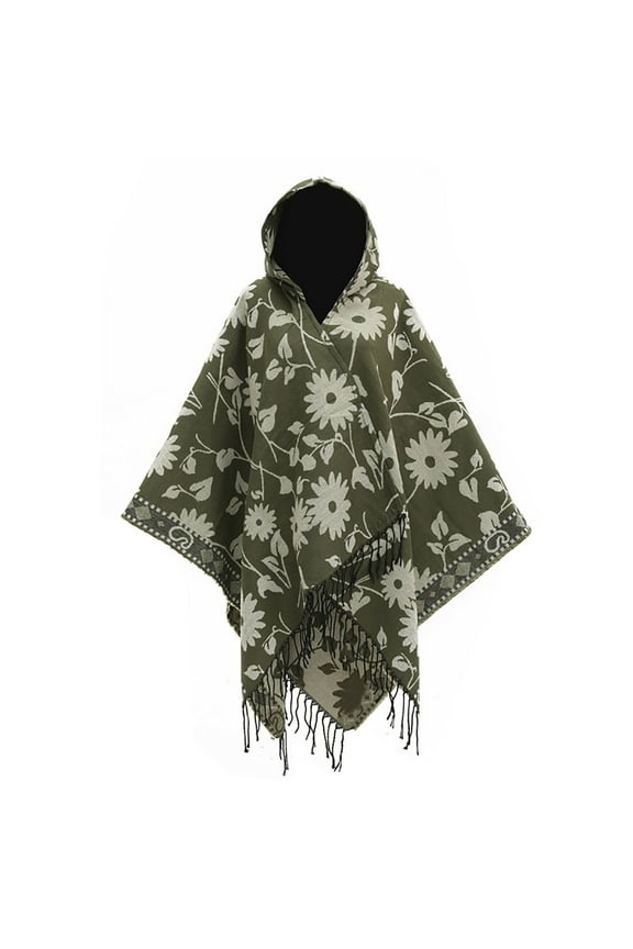 Womens Hooded Cape Tassel Hem Pullover Large Size Flower Print Irregular Hem Fashion Casual Warm Fall and Winter Cloak Green