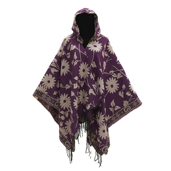 Xfvqtps Womens Hooded Cape Tassel Hem Pullover Large Size Flower Print Irregular Hem Fashion Casual Warm Fall and Winter Cloak Purple