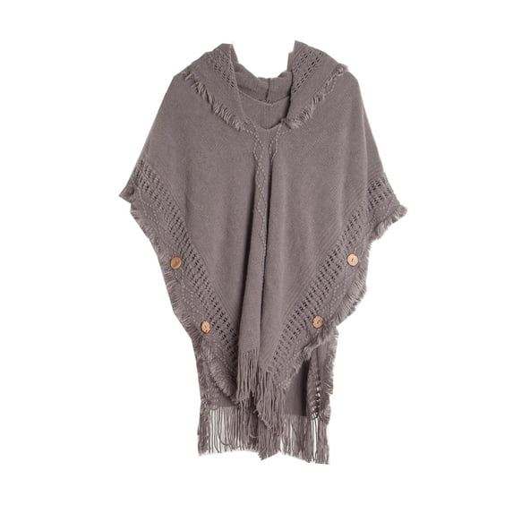 Xfvqtps Womens Hooded Cape with Decorative Buttons Large Size Knitted Sweater Tassels Solid Color Fashion Casual Warm Fall and Winter Shawl Dark Gray