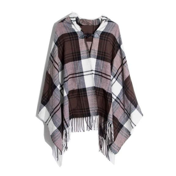 Xfvqtps Womens Hooded Cape with One Buttons Tassels Plaid Pattern Large Size Knitted Sweater Fashion Casual Warm Fall and Winter Shawl Coffee