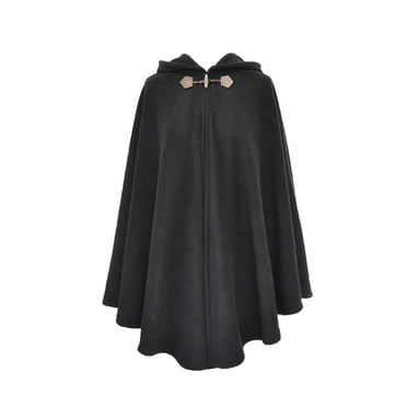 Xfvqtps Womens Hooded Cloak with One Buttons Large Size Wool Solid Color Fashion Casual Warm Winter Cape Black