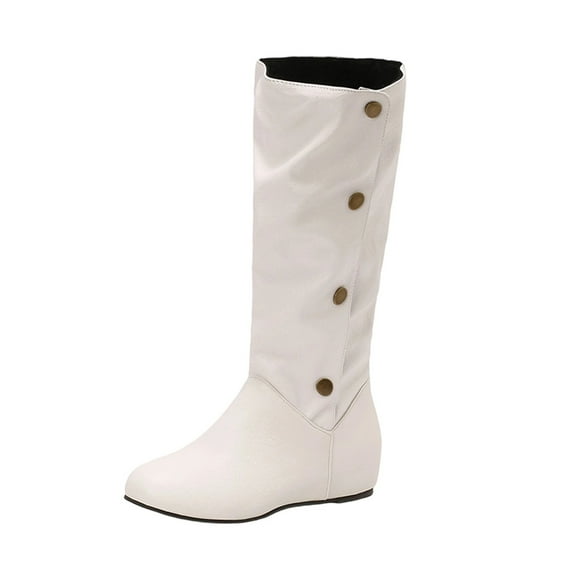 Xfvqtps Womens Knee High Boots Hidden Wedge Heel Slouchy Casual Boots Round Toe with Button Decor Warm Fleece Lined Winter Shoes White
