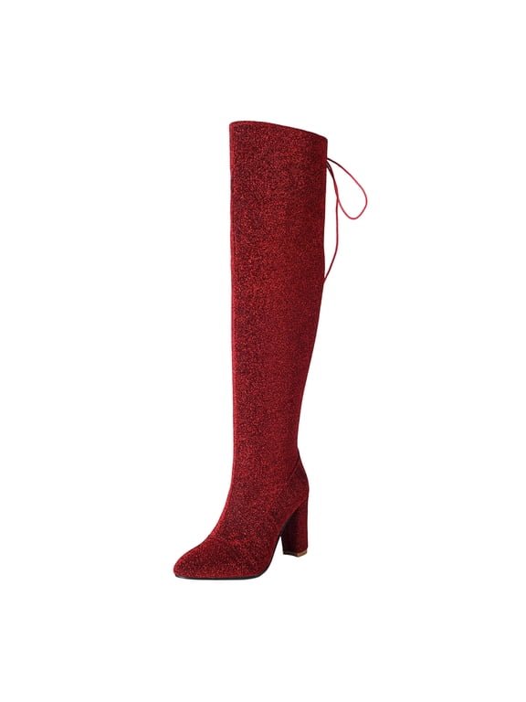 Womens Knee High Boots Side Zipper Chunky Heel Sparkly Glitter Sequin Winter Party Fashion Boots Red