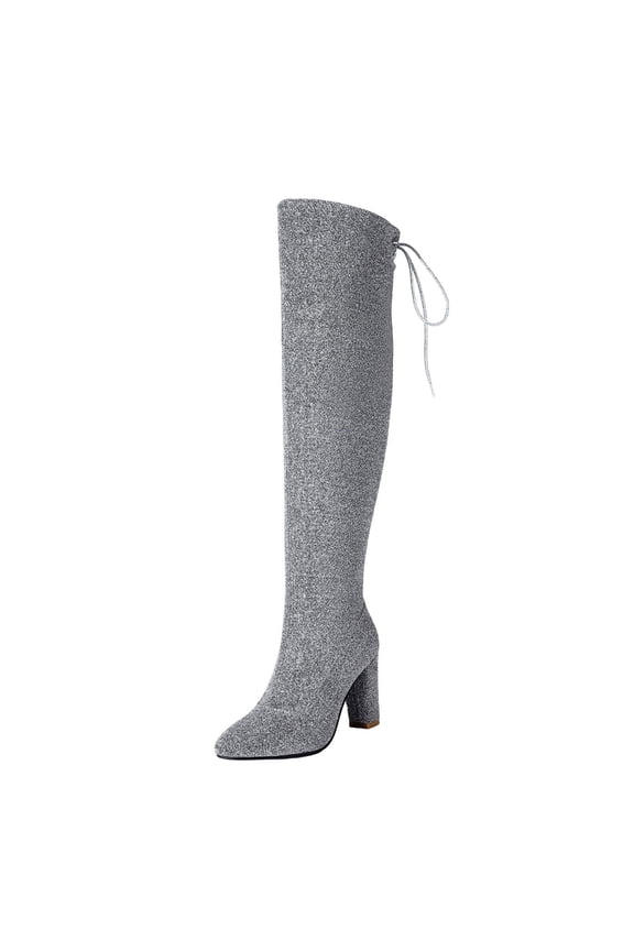 Womens Knee High Boots Side Zipper Chunky Heel Sparkly Glitter Sequin Winter Party Fashion Boots Silver