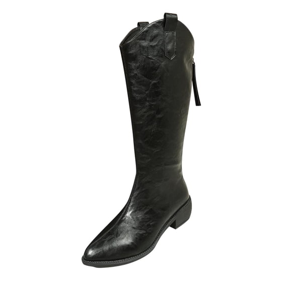 Xfvqtps Womens Knee High Boots Western Style Pointed Toe Chunky Heel Back Zipper Pull on Casual Fashion Winter Boots for Women Black