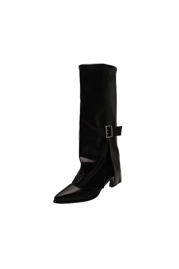Womens Knee High Boots Winter Pointed Toe Low Heel Fashion Boots Slouchy Trouser Boots Stretch Faux Leather for Casual Wear Black