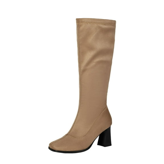 Xfvqtps Womens Knee High Boots with Buckle Thick Block Heel Stretch Slim Fit Fashion Winter Boots Pointed Toe Western Cowgirl Boots Khaki