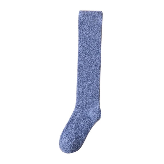 Xfvqtps Womens Knee High Socks Coral Fleece Solid Color Simplicity Thickened Comfortable Soft Cozy Indoor Sleep Warm Winter Fluffy Socks Blue
