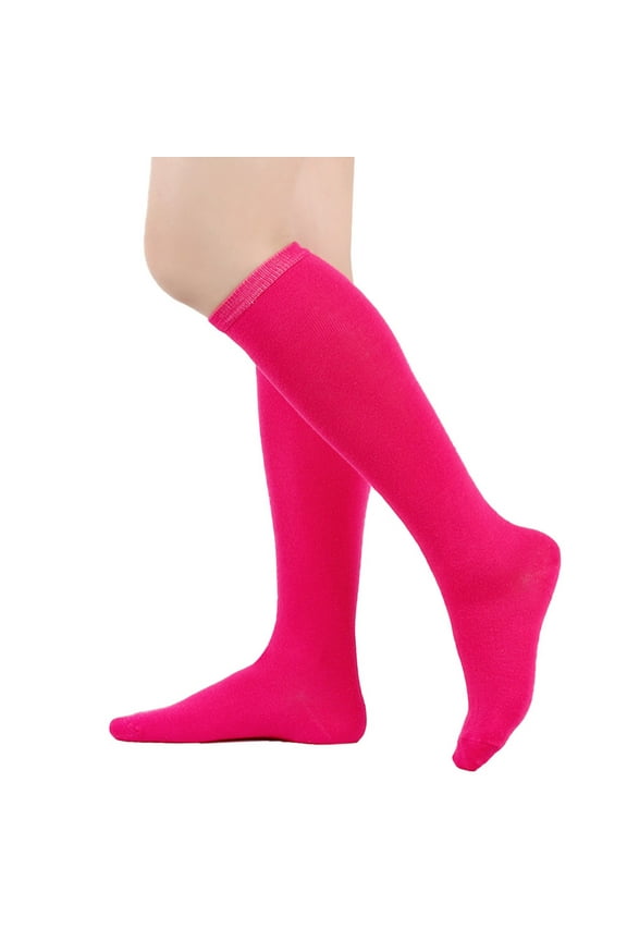 Womens Knee High Socks Solid Color Simplicity Knitting Long Tube Stretch Fitting Soft Socks Hot Pink