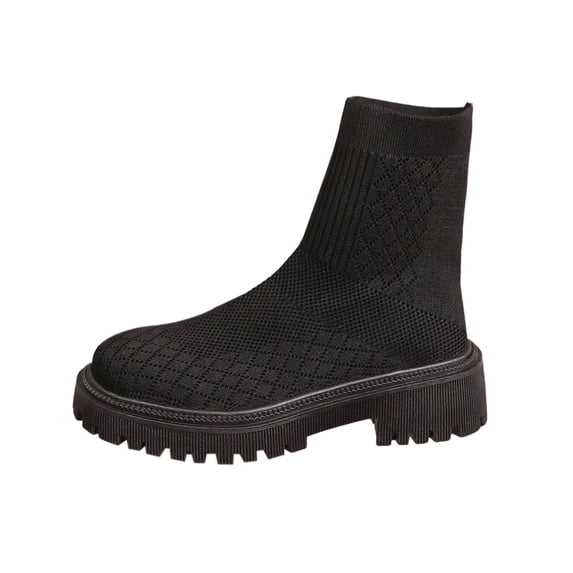 Xfvqtps Womens Knit Ankle Boots Stretch Elastic Booties Flatform Chunky Heel Slip on Fashion Boots for Women Comfortable Winter Casual Shoes Black