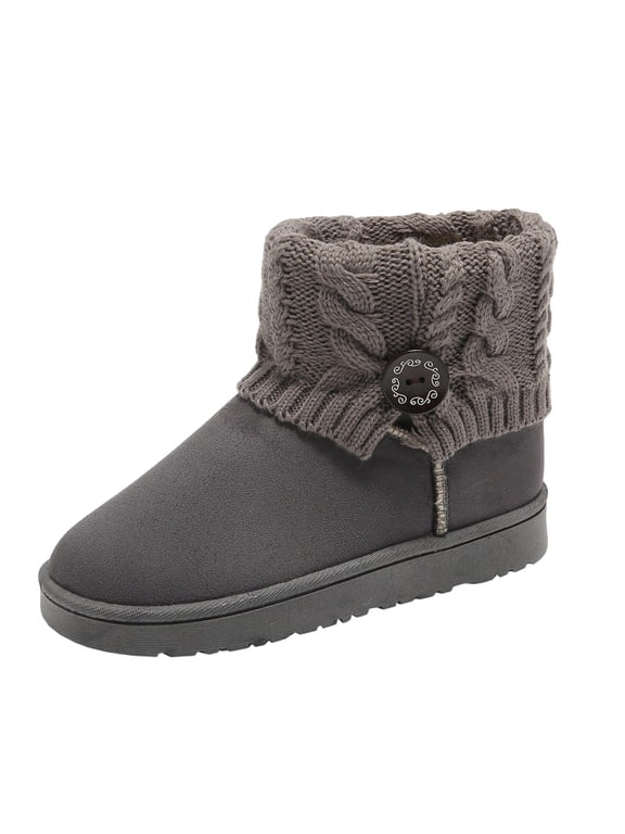 Womens Knit Cuff Snow Boots Button Decor Faux Suede Fleece Lined Non Slip Winter Ankle Boots