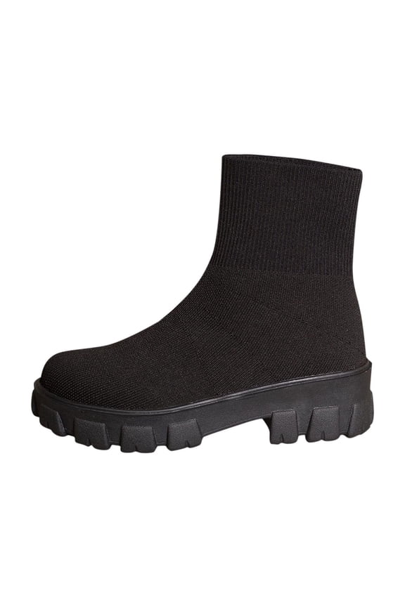 Womens Knit Mid Calf Boots Winter Fashion Booties Chunky Flatform Sole Round Toe Stretch Comfortable Sock Boots Casual Slip on Shoes Indoor Outdoor Black