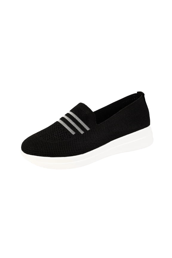Womens Knit Slip on Shoes Breathable Flat Shoes Comfortable Walking Shoes Casual Slip on Loafers with Stripe Design Soft Sole Shoes Black