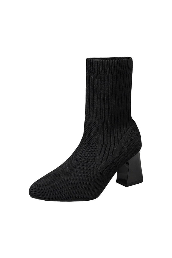 Womens Knit Sock Boots Mid Calf Block Heel Booties Pointed Toe Stretchy Fashion Winter Ankle Boots for Casual Comfort Black