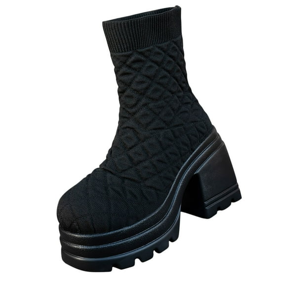 Xfvqtps Womens Knit Sock Boots Slip on Chunky Heel Ankle Booties Stretch High Top Fashion Winter Boots Comfortable Casual Shoes Black