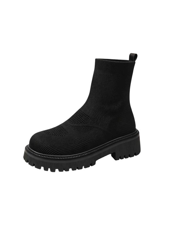 Womens Knitted Mid Calf Boots Thick Sole Round Toe High Elasticity Pull on Stretch Booties