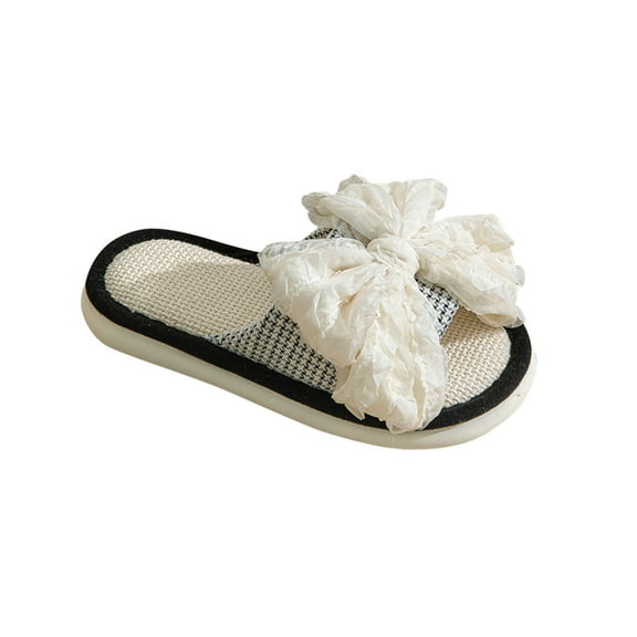 Xfvqtps Womens Lace Bow Decor Linen Slide Sandals Open Toe Slip on Thick Sole Non Slip PVC Slipper Black