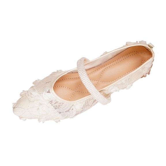 Xfvqtps Womens Lace Flats Floral Embellished Mary Janes Pointed Toe Stretch Strap Comfortable Shoes for Special Occasions White