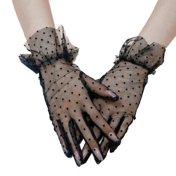Xfvqtps Womens Lace Gloves Polka Dot Tulle Mesh Semi Sheer Hollowed Out Vintage Breathable Elegant Evening Party Bridal Gloves Black