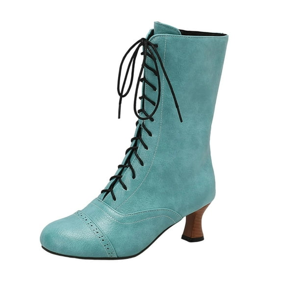 Xfvqtps Womens Lace up Boots Mid Calf Winter Fashion Boots Faux Leather Round Toe Chunky Heel Fur Lined Comfortable Casual Boots Green