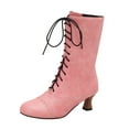 thumbnail image 1 of Xfvqtps Womens Lace up Boots Mid Calf Winter Fashion Boots Faux Leather Round Toe Chunky Heel Fur Lined Comfortable Casual Boots Pink, 1 of 8