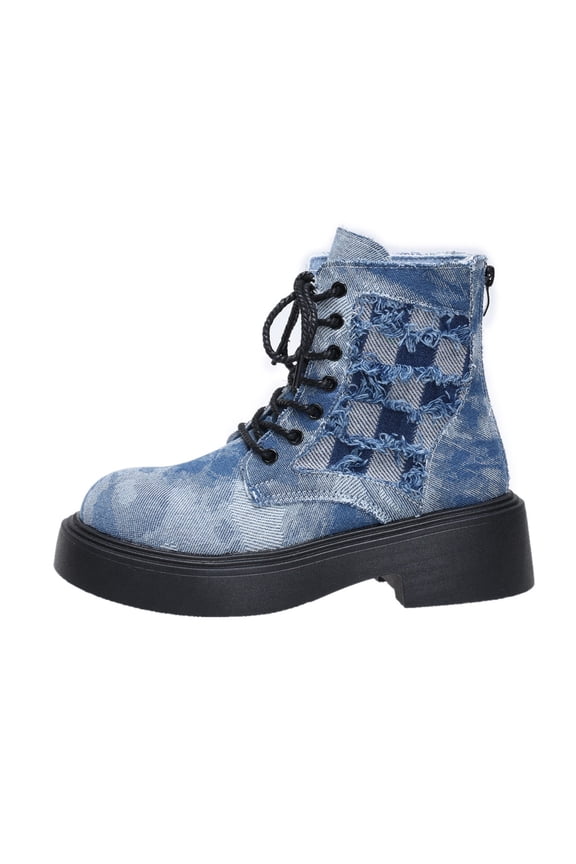 Womens Lace up Denim Ankle Boots Chunky Mid Heel Thick Sole Round Toe Booties