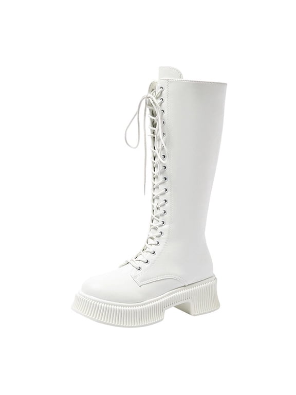 Womens Lace up Knee High Boots Chunky Block Heel Winter Fashion Boots Flatform Sole Faux Leather Casual Boots for Women White