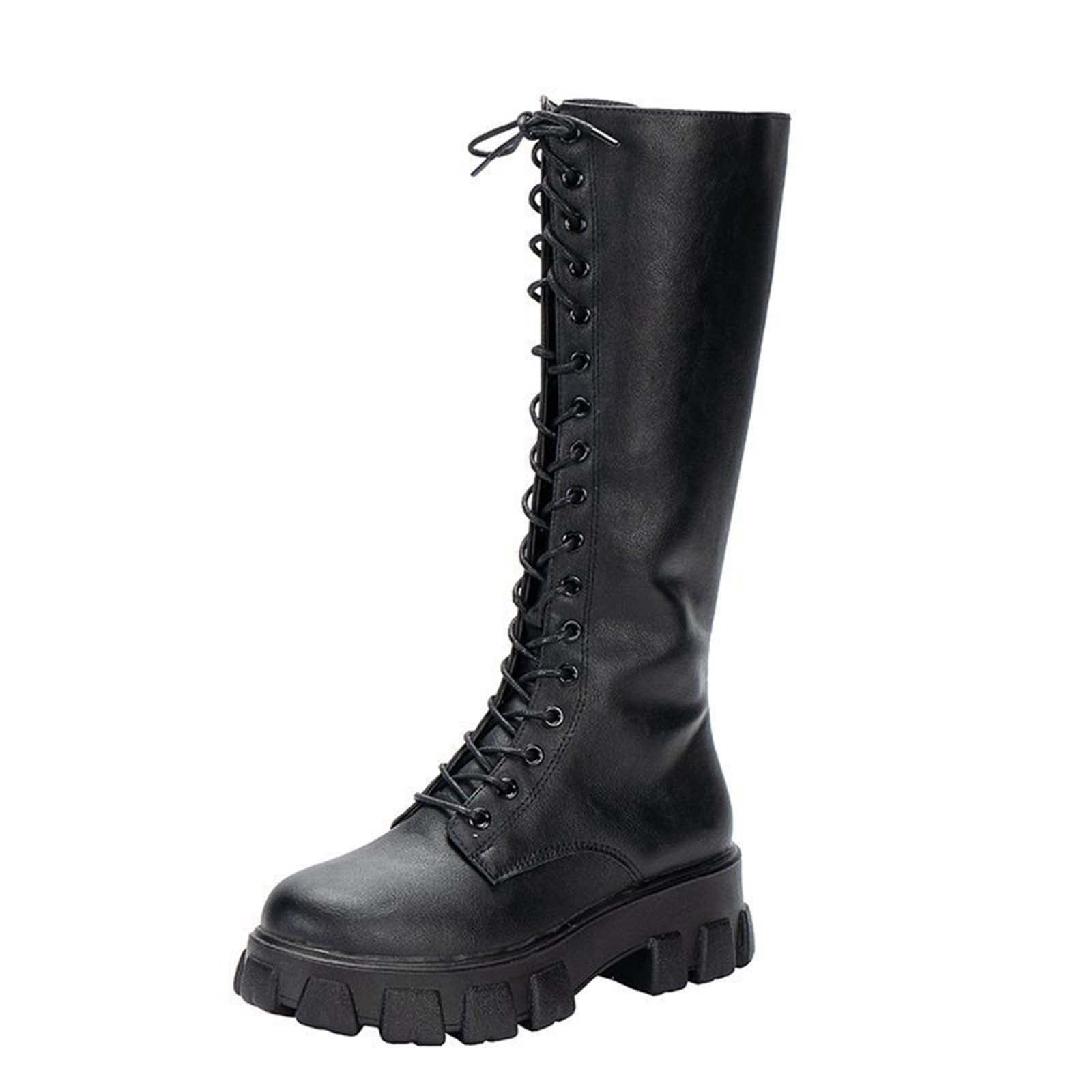 Xfvqtps Womens Lace up Knee High Boots Chunky Flatform Heel Winter ...