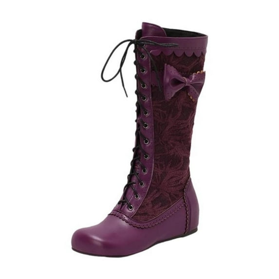 Xfvqtps Womens Lace up Knee High Boots Flat Round Toe Bow Decor Side Zipper Faux Leather Casual Winter Boots Purple