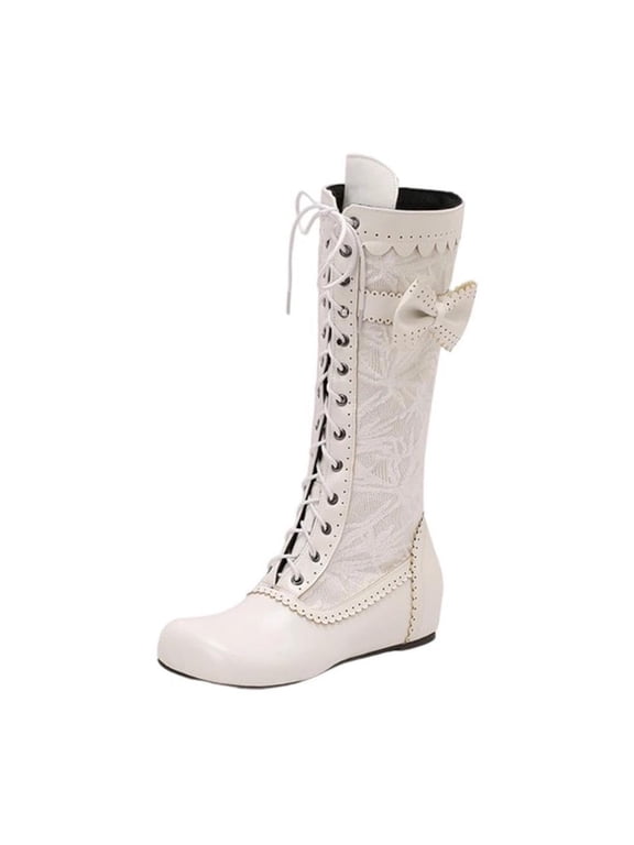 Womens Lace up Knee High Boots Flat Round Toe Bow Decor Side Zipper Faux Leather Casual Winter Boots White