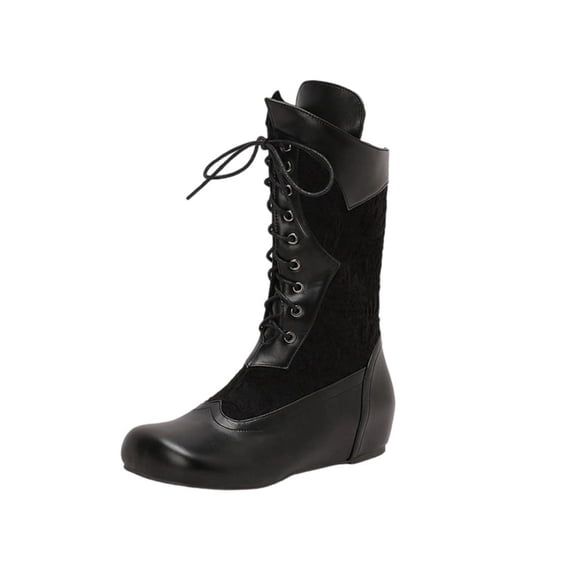 Xfvqtps Womens Lace up Mid Calf Boots Flat Wedge Heel Boots with Stitching Detail Vintage Style Comfortable Casual Winter Boots