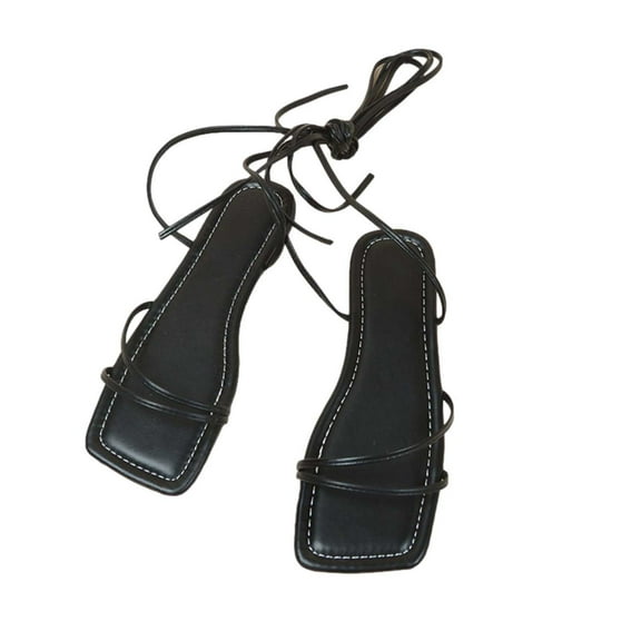 Xfvqtps Womens Lace up Sandals Criss Cross Strappy Tie up Open Square Toe Flat Solid Color Lightweight Non Slip Causal Summer Sandals Black