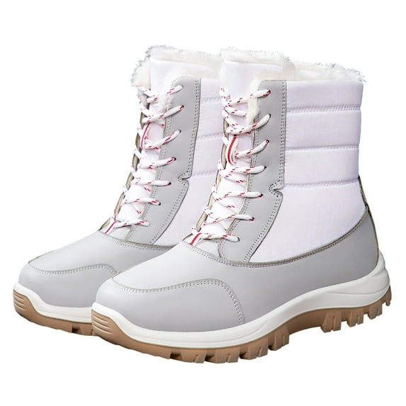 Xfvqtps Womens Lace up Snow Boots Winter Warm Comfortable Mid Calf Boots Fashion Water Resistant Outdoor Shoes Thick Sole Traction White