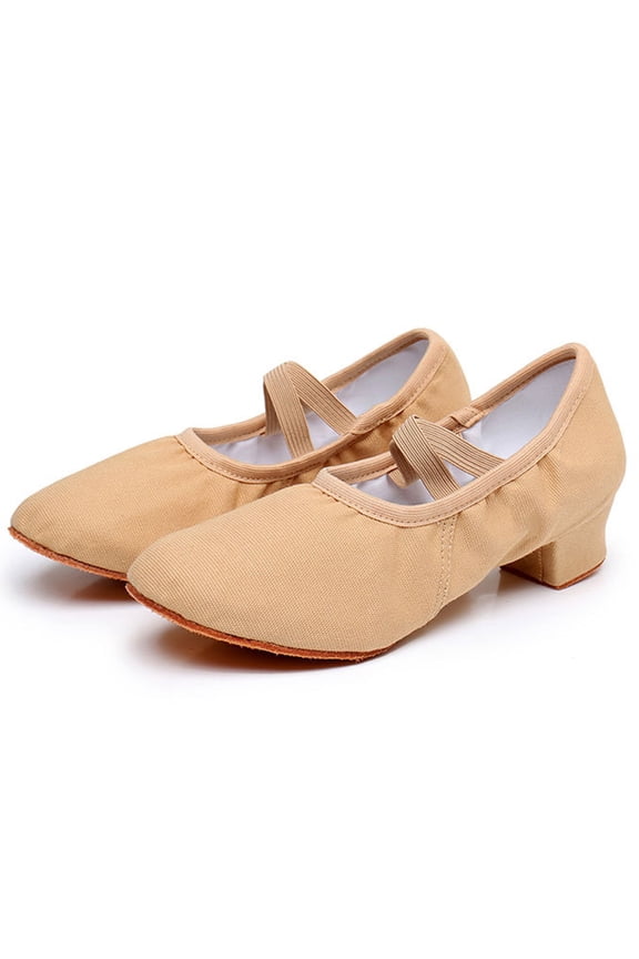 Womens Latin Dance Shoes Low Heel Cross Elastic Straps Close Toe Ballroom Salsa Canvas Dance Shoes Beige