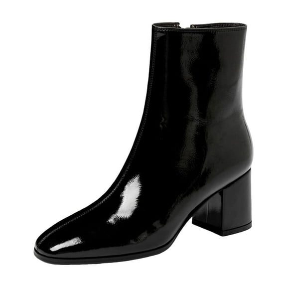 Xfvqtps Womens Leather Ankle Booties Side Zip Closure Glossy Square Toe Chunky Heel Boots Versatile Dress Casual Winter Fashion Shoes Black