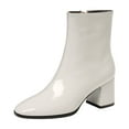 thumbnail image 1 of Xfvqtps Womens Leather Ankle Booties Side Zip Closure Glossy Square Toe Chunky Heel Boots Versatile Dress Casual Winter Fashion Shoes White, 1 of 6