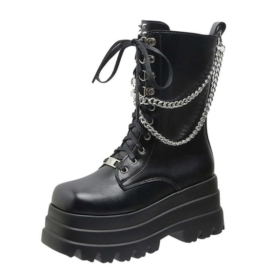 Xfvqtps Womens Leather Chunky Sole Boots Fashion Winter Boots with Metal Chains Comfortable Flatform Boots Height Boots for Daily Wear Outdoor Black