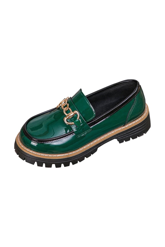 Womens Leather Loafers Chunky Sole Slip on Shoes Glossy Round Toe Low Heel Casual Footwear Green