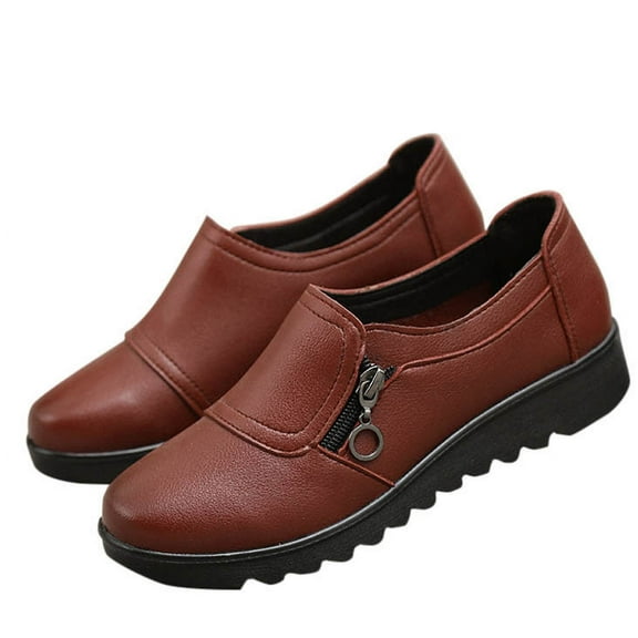 Xfvqtps Womens Leather Non Slip Flats Breathable Round Toe Casual Shoes with Soft Sole Lightweight Outdoor Walking Shoes for Women Brown