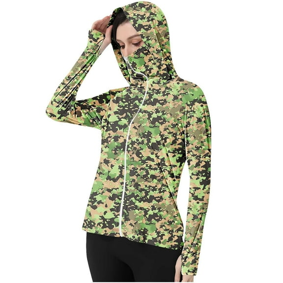 Xfvqtps Womens Light Jacket Sun Protection Cooling Ice Silk Hoodie Full Zip Camouflage Shirts with Thumb Hole for UV Outdoor Hiking Running Green