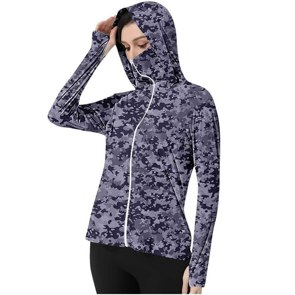 Xfvqtps Womens Light Jacket Sun Protection Cooling Ice Silk Hoodie Full Zip Camouflage Shirts with Thumb Hole for UV Outdoor Hiking Running Purple