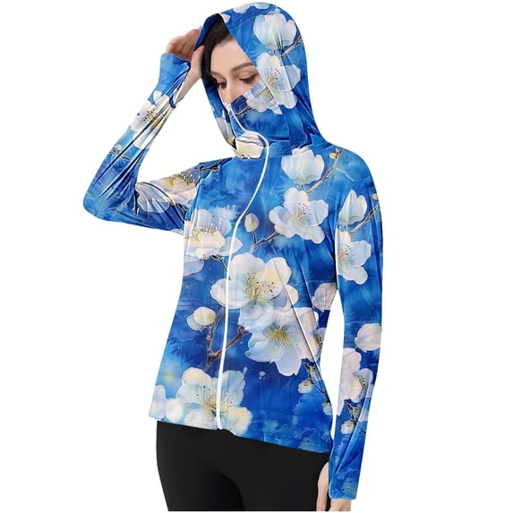Xfvqtps Womens Light Jacket with Thumb Hole Sun Protection Cooling Ice Silk Hoodie Full Zip Flower Print Shirts for UV Outdoor Hiking Running Multicolor-03