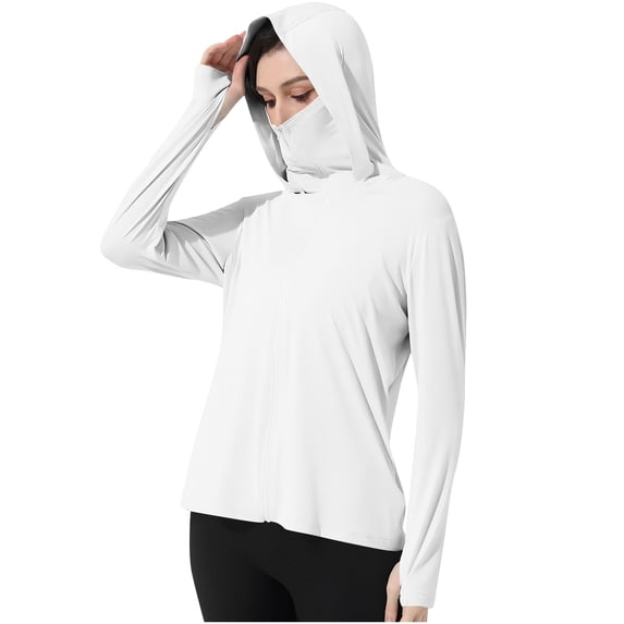 Xfvqtps Womens Light Jacket with Thumb Hole Cooling Ice Silk Sun Protection Hoodie Full Zip Solid Color Shirts for UV Outdoor Hiking Running White